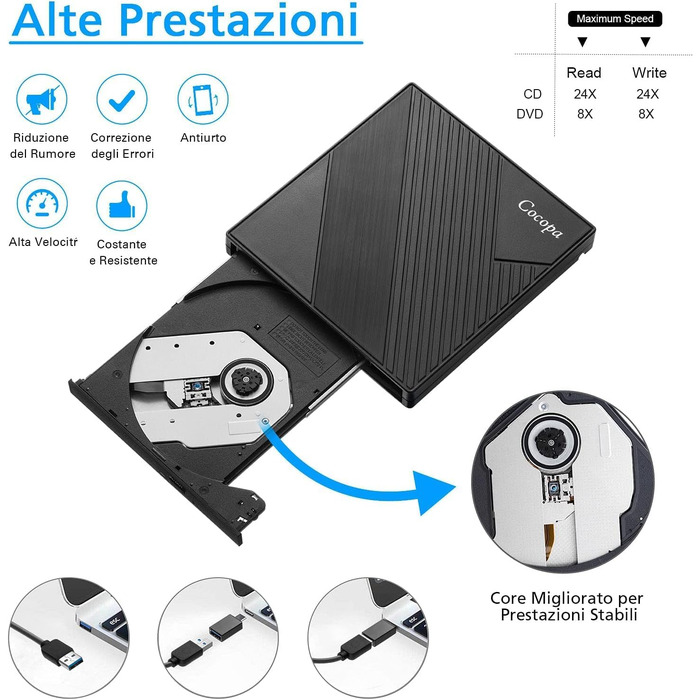 Зовнішній USB 3.0 CD/DVD-привід Cocopa Masterizzatore: портативний Ultra Slim DVD-RW/CD-RW плеєр для ноутбука та ПК (Windows, macOS, Linux)