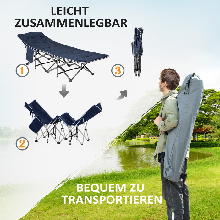 Outsunny Folding Camping Bed, Folding Field Bed, with Pillow, Side Pocket, Mattress, Guest Bed, Supports up to 150 kg, Travel, Outdoor, Oxford, Dark Blue, 188 x 64.5 x 53 cm | Aosom