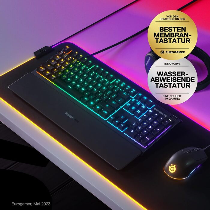 Клавіатура SteelSeries Apex 3 для ігор - RGB підсвічування 10 зон, магнітна підставка для зап'ястя, QWERTY (Nordic), чорний колір
