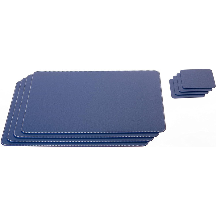 Placemats and Coasters (Set of 4) made from recycled leather, 4 placemats and 4 coasters, table mats, placemats 40 x 30 cm and coasters 10 x 10 cm (40 x 30 cm, Blue)