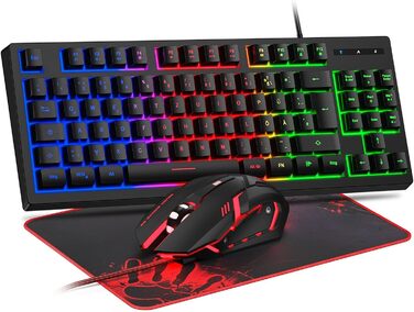 Ігровий набір клавіатури та миші, QWERTZ DE, 75% TKL, RGB, провідна, ергономічна, 4 кольори LED, великий килимок, USB, Plug & Play для ПК