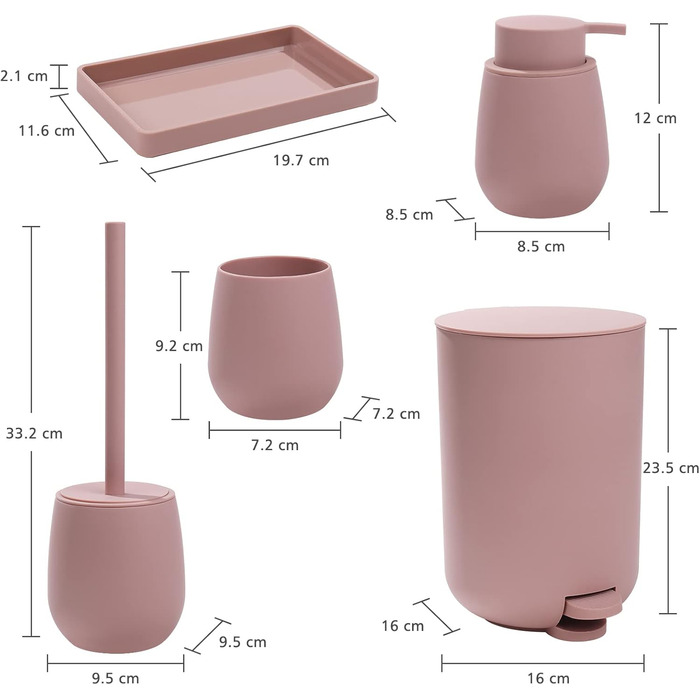 Набір аксесуарів для ванної кімнати: сміттєвий бак 3л, тримач для зубних щіток, дозатор мила, органайзер для косметики, щітка для унітазу та тримач, зелений (рожевий), 5 шт.