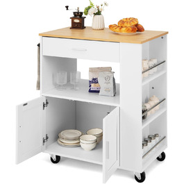 Giantex Rolling Kitchen Cart with Drop Leaf Top, Kitchen Island with Storage, Mobile Kitchen Island Wood, Kitchen Storage Cabinet Serving Cart with Drawer & 3 Shelves (White)