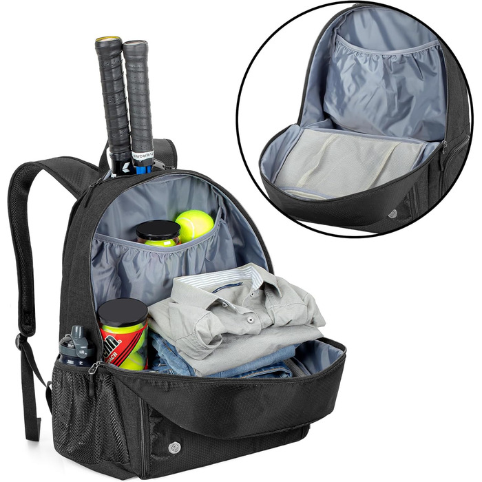 Рюкзак для тенісу DSLEAF з відділенням для взуття, сумка для 2 ракет, з підкладкою на плечах, чорний (для жінок та чоловіків)