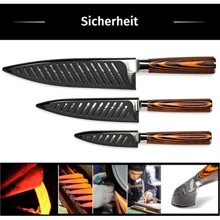 Набір кухонних ножів Wolfblood Damast 3 шт (32/26/20 см) з дамаської сталі 67 шарів, твердість 62 HRC, сертифіковано TÜV + чохол та подарункова коробка