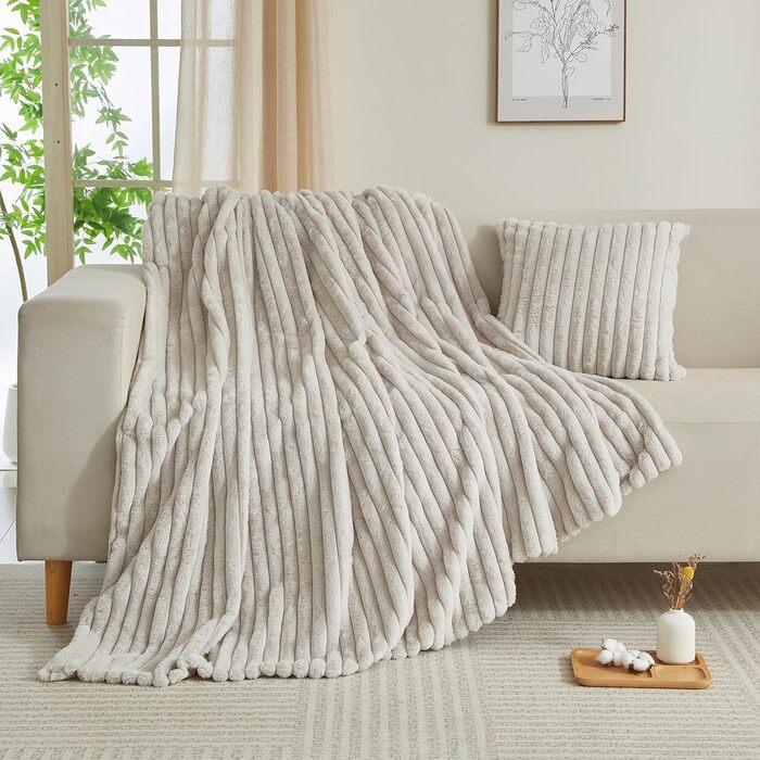 Плюшевий м'який плед Luofanfei 180x200, салатовий/бежевий, з ефектом 