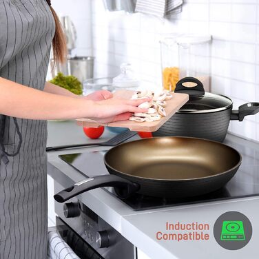 NutriChef 12-Piece Nonstick Cookware Set - Professional Hard Anodized Cookware Set and Fry Pan Set, Including Pot, Frying Pans, Sauce Pots, Dutch Oven Pot, Lids, Utensils Grey