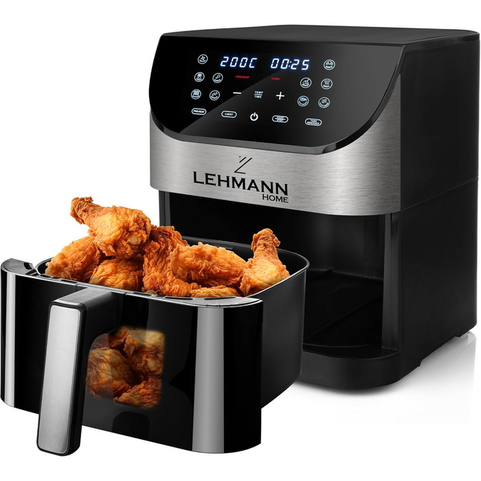 Електрична фритюрниця LEHMANN 6L з прозорим вікном, 1500 Вт, 12 програм, регулювання температури 76-200°C, таймер, LED-дисплей, фритюрниця без олії для приготування на грилі, випікання та смаження