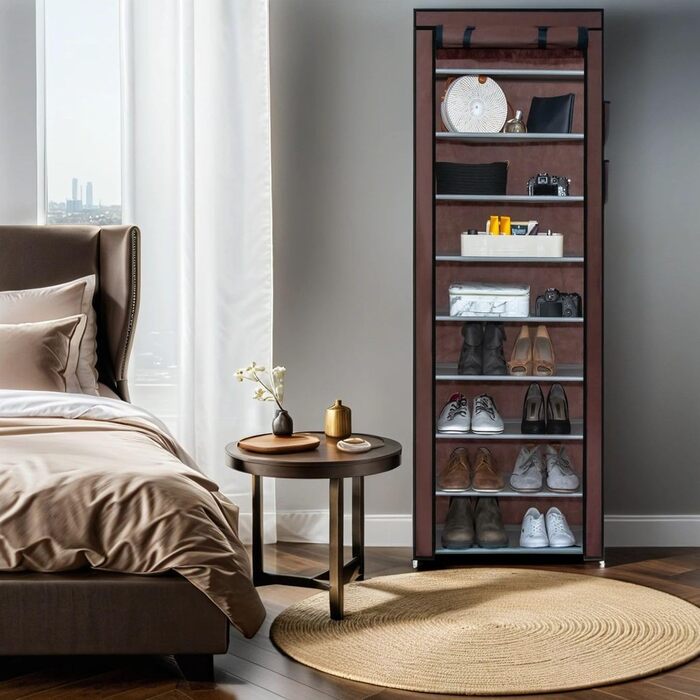 INTIRILIFE Folding Wardrobe 170x58x28 cm - with Zipper Fabric Wardrobe, Clothes Closet, Shoe Rack with 9 Storage Compartments - Camping Storage Box, Textile Wardrobe (Cocoa Brown)