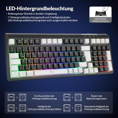 Бездротовий ігровий комплект клавіатури та миші Rii: Bluetooth + 2.4GHz, LED-підсвітка, QWERTZ