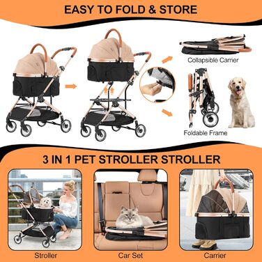 3 в 1 візок для собак з знімним сидінням для подорожей, бутка для собак, переносна сумка, складаний, візок для домашніх тварин, до 20 кг (Хакі)