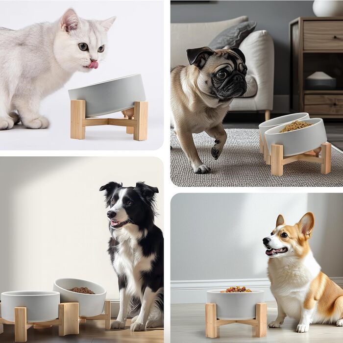 Керамічні годівниці для собак та котів SPUNKYJUNKY з дерев'яною підставкою (2 шт., 400 мл, сірі)