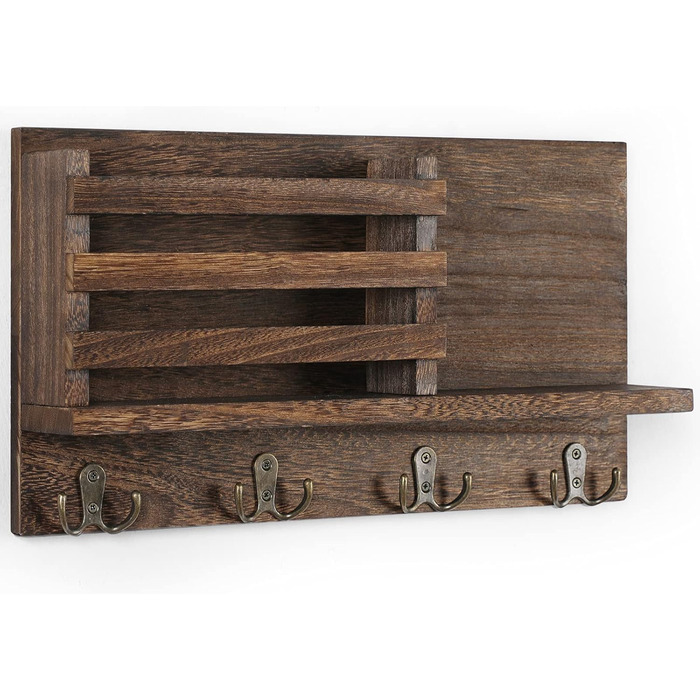 Keys and Mail Holder for Wall Rustic Natural Paulownia Wood 4 Double Hook Hanger Wall Organizer for Decoration, Bags, Accessories, Hardware and Manual Included (brown)