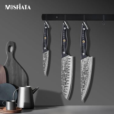 Ніж кухарський MOSFiATA Дамаск 8 дюймів - Японський ніж з дамаської сталі, кухонний ніж шеф-кухаря з чохлом, 3 захисними вкладишами та подарунковою упаковкою