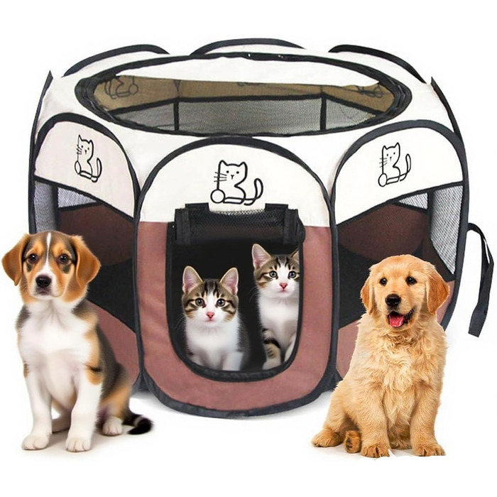 Клітка-вигул для цуценят 74x74x43 см – Розкладний вольєр для собак та котів – Клітка для кроликів та інших дрібних тварин – Безпечний вольєр для дому та на вулицю (Хакі + Кіт)