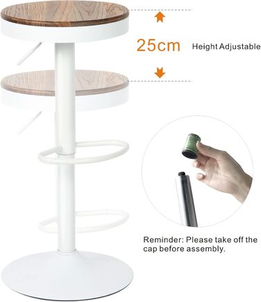 Kidol Adjustable Height Bar Stools 2-Pack - 360° Swivel, Round Wooden Seat on Metal Frame, for Kitchen/Bar/Living Room (White)