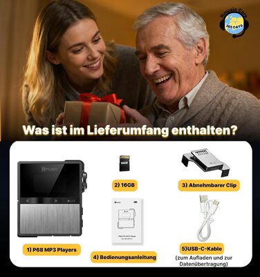 MP3-плеєр Hmusic P68 HiFi з кліпсою, Bluetooth, 16GB + карта пам'яті 128GB, підтримка DSD, Hi-Res аудіо