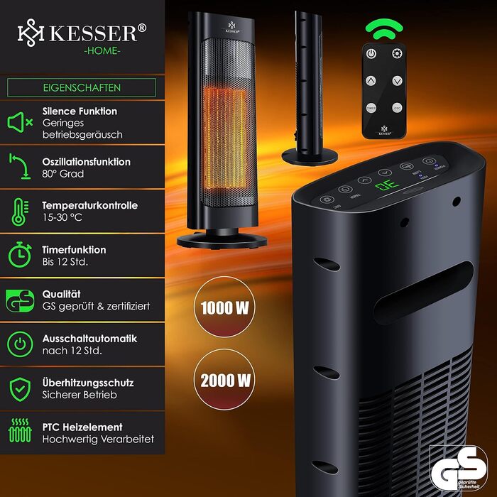 Обігрівач KESSER® 2000W з пультом керування, керамічний, тихий, з осциляцією, таймером, чорний