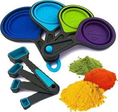 Collapsible measuring cups and spoons, portable measuring cup set made of food-grade silicone for liquid and dry ingredients, dog food, camping, and children's measuring cups