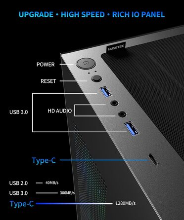 Корпус ПК MUSETEX K2: Mid Tower ATX з 7 PWM ARGB вентиляторами, подвійне панорамне скло, Type-C, чорний (42,5 x 21,2 x 47 см)