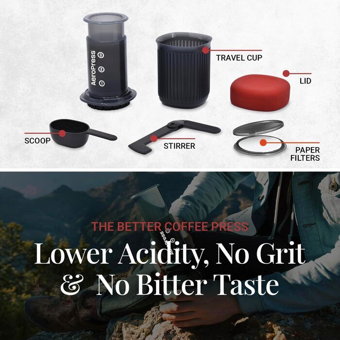 Портативна кавоварка AeroPress Go 3-в-1 для подорожей і кемпінгу, прес-френч, пуровер, еспресо, насичена кава без гіркоти, комплект для кави, сіра