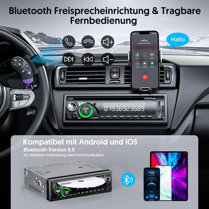 1DIN автомобільна магнітола 9-24V з CD/DVD, Bluetooth, RDS, FM/AM, MP3, 2 USB, SD, AUX, керування з керма, 7 кольорів, зелена