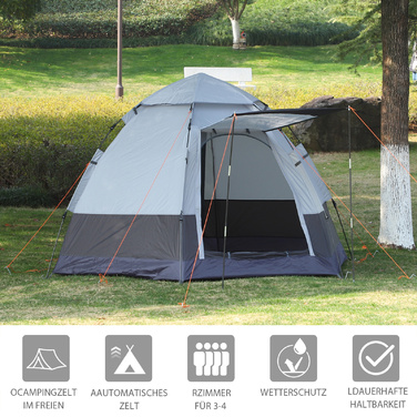 Outsunny Camping Tent 3-4 Person, Family Tent, Dome Tent, 210T PU, Steel, Fiberglass, Gray+Black, 240 x 240 x 195 cm | Aosom