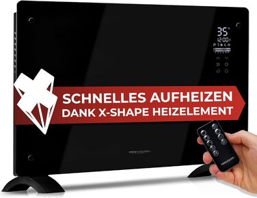 ProfiCare® Електричний обігрівач з скляною передньою панеллю та X-подібним нагрівальним елементом | Мобільний обігрівач, підходить для настінного монтажу | Конвектор з 2 рівнями нагріву | Безшумний обігрівач - 0dB | PC-GKH 3119 чорний