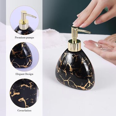 Black bathroom accessory set, gold marble look, modern 6-piece bathroom accessory set, complete with soap dispenser, toothbrush holder, cup, tray, countertop.
