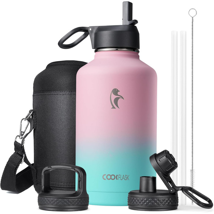 Термопляшка Coolflask 2л з соломинкою та 3 кришками, нержавіюча сталь, для спорту/офісу, герметична (Bubble Gum, 1893 мл)