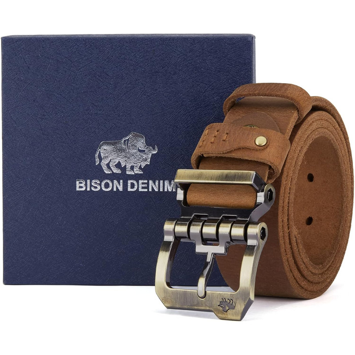 Чоловічий шкіряний ремінь BISON DENIM: класичний варіант для джинсів та ділового стилю, ширина 38 мм, з подарунковою коробкою (W71792-brown)