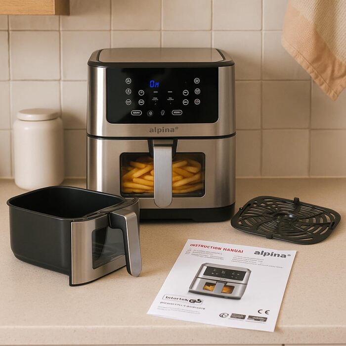 Фритюрниця Alpina Heißluft XXL: Цифрова фритюрниця Air Fryer на 8 літрів, 1800W, для 4-6 осіб, з таймером до 2 годин, 80-200°C