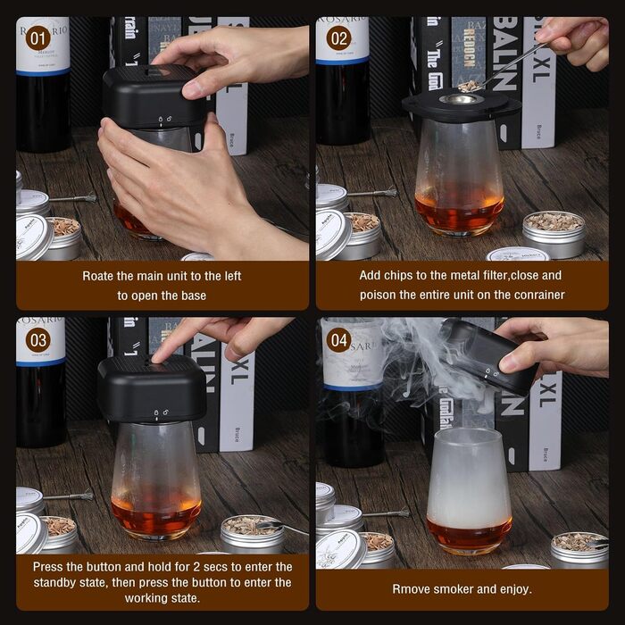 Електричний набір для копчення коктейлів та віскі з 6 дерев'яними стружками. Безпаливний аксесуар для напоїв. Подарунок для чоловіка/батька