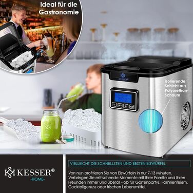 Машина для приготування льоду KESSER® з нержавіючої сталі, 150W, 12 кг/24 год, 3 розміри кубиків, таймер, LCD-дисплей, аксесуари