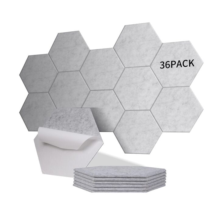 Акустичні гексагональні панелі самоклеючі для шумоізоляції стін та дверей, 36 шт, сріблясто-сірі (1.4м², 230кг/м³, NRC 0.95, 100% поліестер)