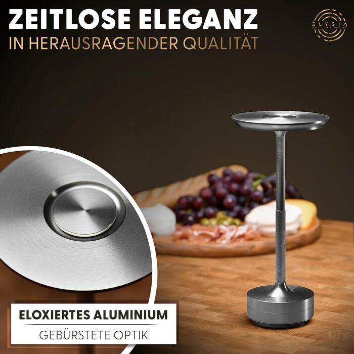 Світлодіодна настільна лампа ELYSIA з акумулятором, димується, бездротова, сенсорна, для дому та вулиці (IP54), тепле світло (2200K-2700K-3200K), USB-C, алюмінієва (срібна)