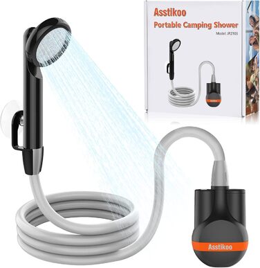 Asstikoo Portable Camping Shower, Camping Shower with Rechargeable Battery, Compact Rechargeable Electric Pump Shower Head for Camping, Pet Cleaning, Beach Washing, Hiking and Travel