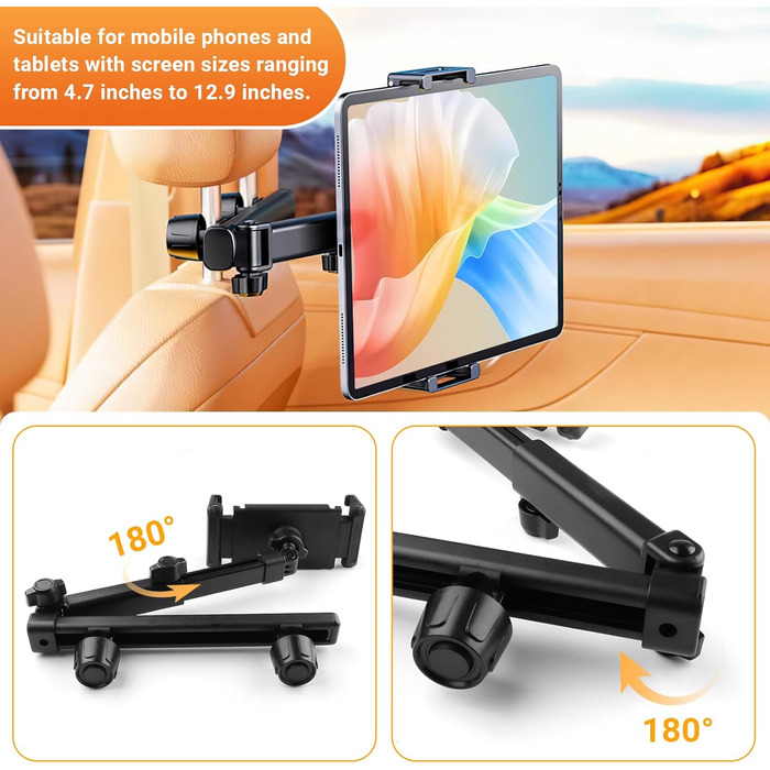 Автотримач для планшета та смартфона: двоосьовий, висувний, 360° обертання, для iPad, iPhone та інших пристроїв 4.7-12.9 дюймів