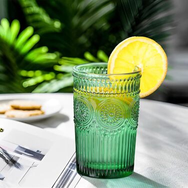 Joeyan 350ml Green Drinking Glasses Embossed with Sunflower Patterns, Vintage Colored Glasses Dishwasher Safe, 4-Piece Set of Colorful Glass Water Glasses for Juice, Drinks, and Cocktails