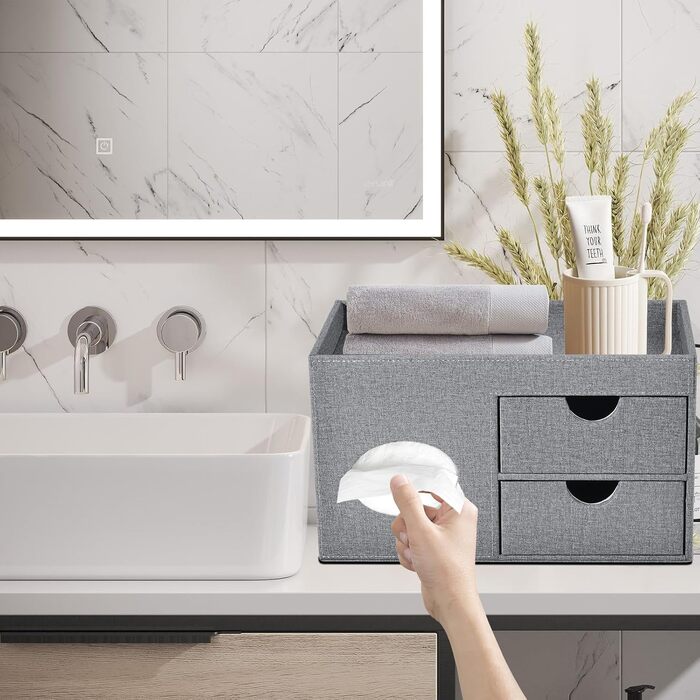 Tissue Box Linen with Drawers, Square Cosmetic Tissue Box with Magnetic Closure, Tissue Box with Side Pocket for Mobile Phones, Cosmetic Brushes, Remote Controls, Office Supplies, Perfumes (Gray)