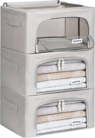 Складана коробка для зберігання одягу 4CONVY з блискавкою та металевим каркасом - покращений матеріал 2024 року. Коробка для постільної білизни, стабільна коробка для одягу, сірий колір, 3x24L