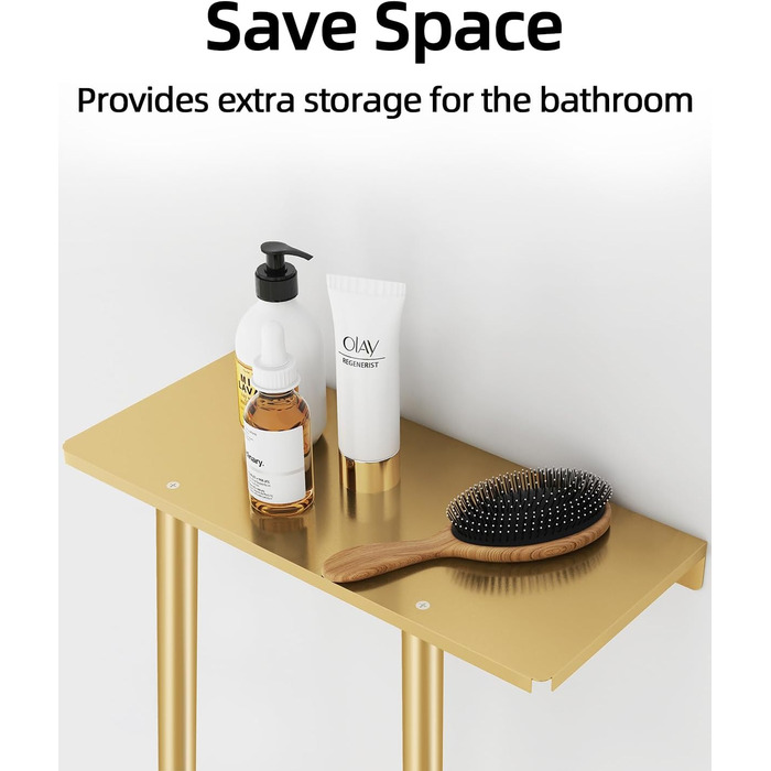 Тримач для рушників настінний з полицею, золото, 30 дюймів. Металевий органайзер для ванної кімнати