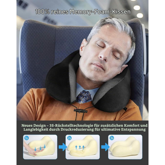 Ортопедична подушка для подорожей HOMIEE з ефектом пам'яті (Memory Foam), ергономічна підтримка шиї для літака, авто та офісу, чорна