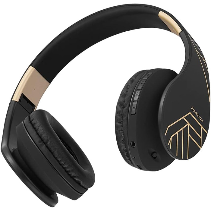 Бездротові навушники PowerLocus Over-Ear з Bluetooth, мікрофоном, складні конструкції, м'які амбушюри, Hi-Fi стерео бас, для дітей/дорослих/TV/PC/Home Office (Чорний/Золотий)