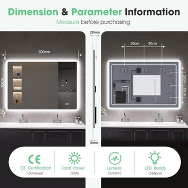 Дзеркало для ванної кімнати S'bagno з підсвічуванням 80x60 см, LED, Bluetooth, протитуманне покриття, 3 кольори, регулювання яскравості, пам'ять, загартоване скло, IP44, горизонтальне/вертикальне встановлення