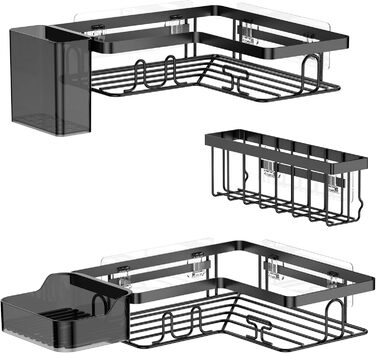 YEAUPE PRO Поличка для душу без свердління в кут – 5-елементний набір для ванної кімнати з 2 кутовими полицями, мильницею, тримачем для зубних щіток та кошиком, самоклеюча поличка на стіну, чорний кутовий кріплення