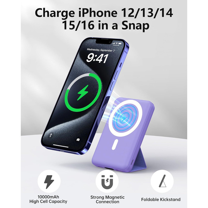 Powerbank Yiisonger Magsafe 10000mAh з бездротовою зарядкою, LED-дисплеєм та USB-C кабелем (фіолетовий)