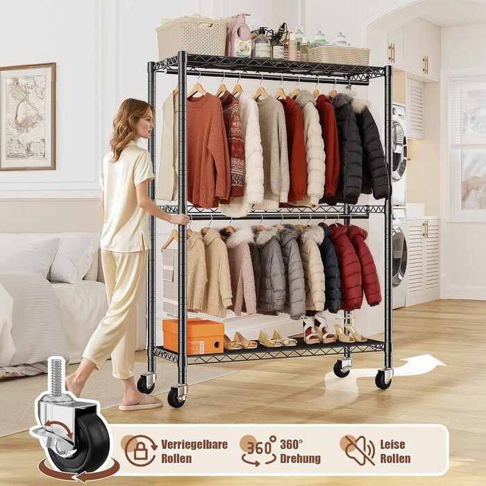 Вішалка для одягу на коліщатках 90x40x200 см, вантажопідйомність 150 кг, 2 висувні штанги, регульована полиця, великий об'єм для зберігання одягу, стабільна та мобільна