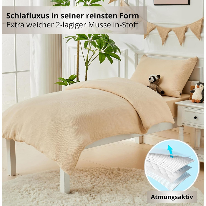 Дитяча постільна брова Kinderbettwäsche 100x135, 2 шт. | Органічна бавовна, сертифікат ÖkoTex, для алергіків | Комплект постільної білизни з 1 простирадлом 135x100 см та 1 наволочкою 40x60 см | Бежевий колір
