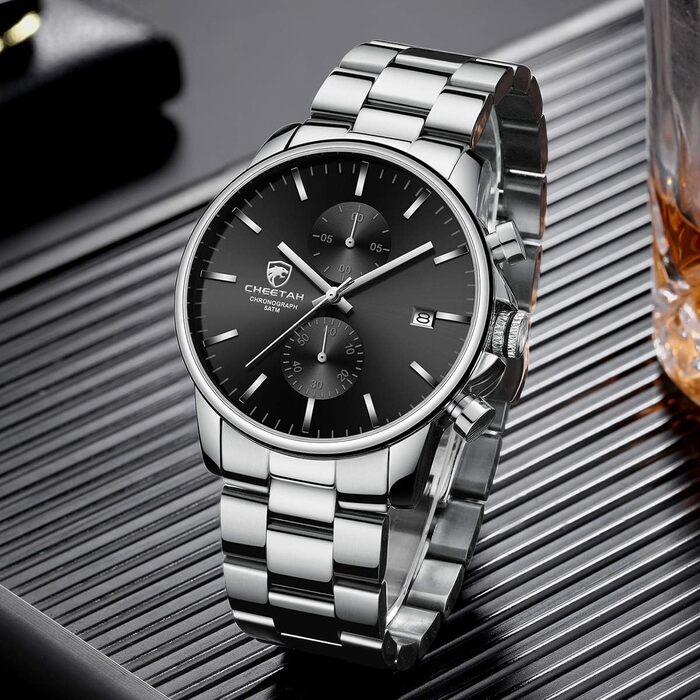 Чоловічий хронограф: водостійкий годинник з нержавіючої сталі та металу з авто-датою, кварцовий механізм, кольорові стрілки (срібло та чорний)